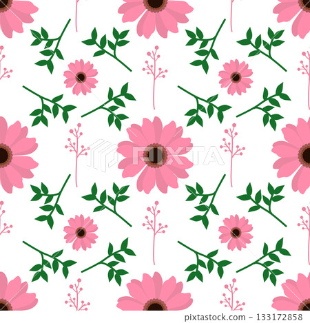 Pink Gerbera flower Seamless Pattern with green Leaves on white background 133172858