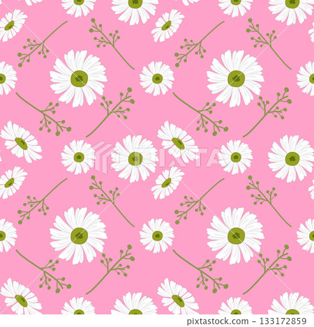 Daisy and Berry Twigs Seamless Pattern, White Chamomile Flowers on Vibrant Pink Background Daisy and Berry Twigs Seamless Pattern, White Chamomile Flowers on Vibrant Pink Background 133172859