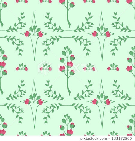 Pink Flower Buds and Green Wreaths  Seamless Pattern on Pale Mint Background 133172860