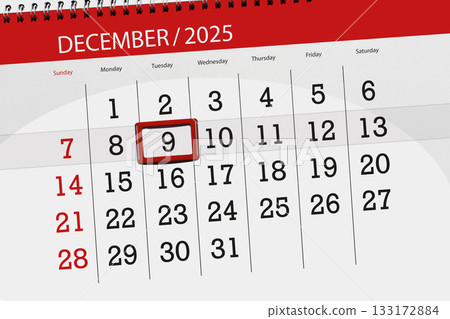 Calendar 2025, deadline, day, month, page, organizer, date, December, tuesday, number 9 133172884