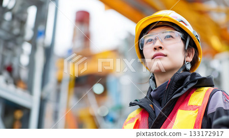 一名戴著安全帽、態度專業的女工作人員正在工地指揮工作。 133172917