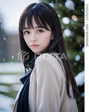 A young woman standing lonely on a snowy night under the glittering Christmas illuminations 133172951