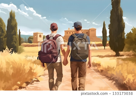 gay couple travelling on foot with backpacks hand in hand at sunny summer day, neural network generated image 133173038