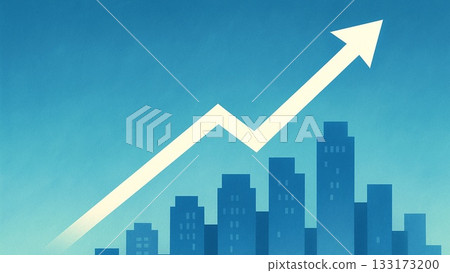 Illustration of a city and an arrow rising to the right, symbolizing growth 133173200