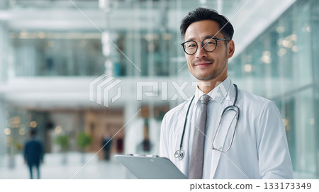 一位男專科醫生面帶自信，正在最先進的設備前為病人檢查。 133173349