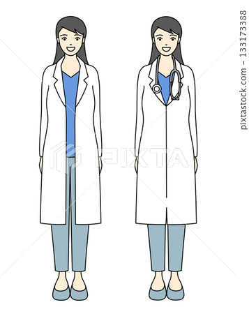 A full-body illustration of a smiling female doctor standing and a woman in pants style with a stethoscope around her neck 133173388
