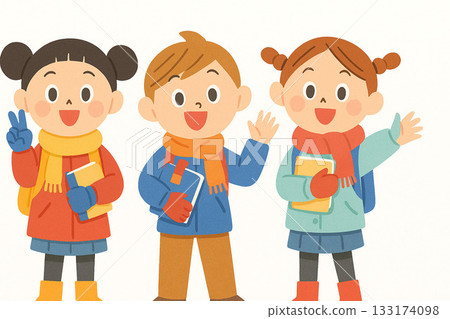 身著冬裝的小學生笑容滿面地排成一列的扁平化插圖 | 學校出勤率、兒童、教育、季節性材料 身著冬裝的小學生笑容滿面地排成一列的扁平化插圖 | 學校出勤率、兒童、教育、季節性材料 133174098