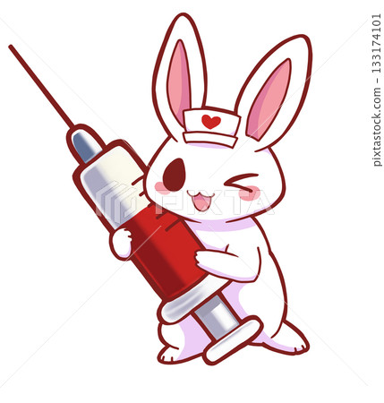 眨眼的兔子拿著注射器 133174101
