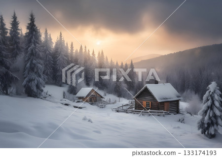 snow covered mountain village at winter sunrise, neural network generated image 133174193