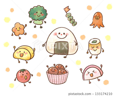 A cute character illustration set of bento side dishes that can be used for food education A cute character illustration set of bento side dishes that can be used for food education 133174210