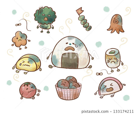 A cute character illustration set of damaged bento side dishes that can be used for food education A cute character illustration set of damaged bento side dishes that can be used for food education 133174211