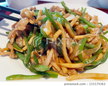 Green pepper and shredded pork (Qingjiao Rousi): A classic Chinese stir-fry dish. Green pepper and shredded pork (Qingjiao Rousi): A classic Chinese stir-fry dish. 133174363