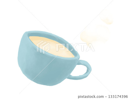 Watercolor painting of a light blue mug of hot milk and steam Watercolor painting of a light blue mug of hot milk and steam 133174396