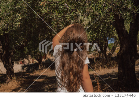 Curious girl looking at ripening olives on the branch of an old tree 133174446