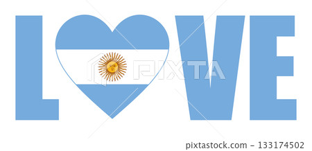 Patriotic illustration with flag of Argentina, word Love with heart and Argentine flag. 133174502
