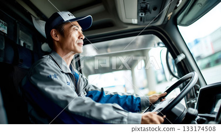 男性司機安全駕駛長途卡車的專業工作場景 男性司機安全駕駛長途卡車的專業工作場景 133174508