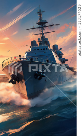 戰艦在海洋上競速 *智慧型手機背景素材（寬高比 9:16） 133174529