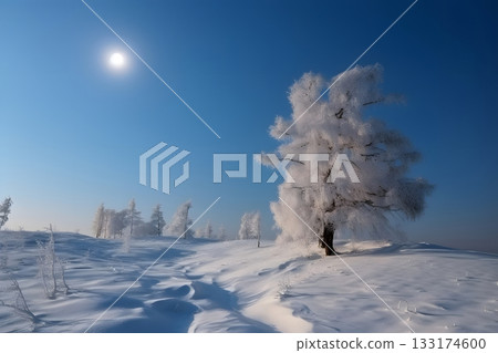 White Christmas landscape. Snowy tree on a hill with moon in the Blue sky, neural network generated image White Christmas landscape. Snowy tree on a hill with moon in the Blue sky, neural network generated image 133174600