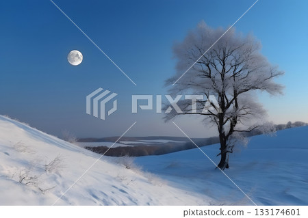 White Christmas landscape. Snowy tree on a hill with moon in the Blue sky, neural network generated image 133174601