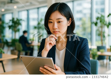 A young business woman checking documents on a tablet 133174642