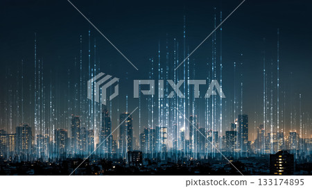 A futuristic smart city where digital energy illuminates the city 133174895