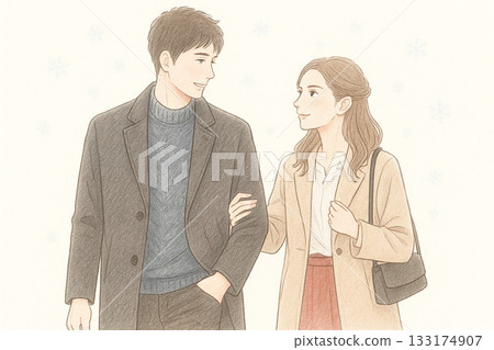 一幅色鉛筆插畫,描繪了一對平靜的成年夫婦漫步在冬日的城市中(白色背景)。 一幅色鉛筆插畫,描繪了一對平靜的成年夫婦漫步在冬日的城市中(白色背景)。 133174907