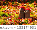 Jizo statue on a bed of autumn leaves 133174931
