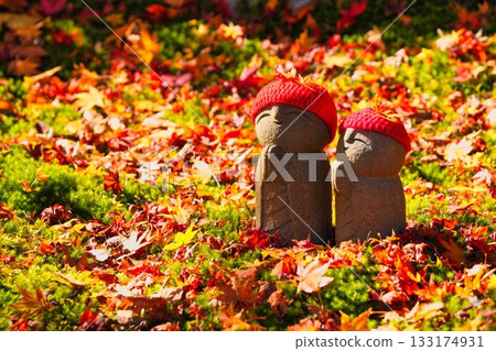 地藏菩薩像置於秋葉之上 133174931