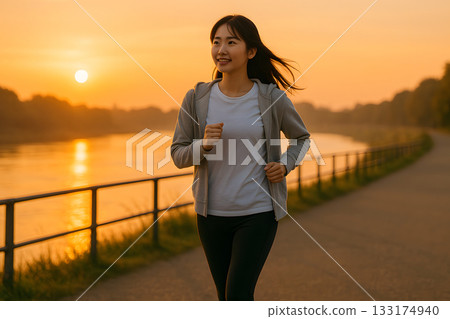 日出時分，一位女跑者沿著河邊奔跑。 133174940