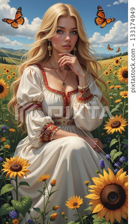 A woman with long blonde hair and blue eyes sits among blooming sunflowers and other wildflowers 133174949