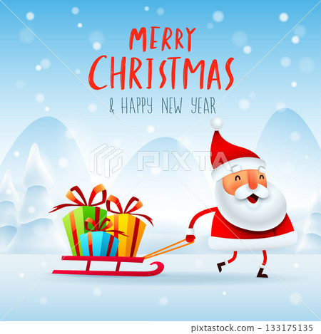 Santa pulling a sled with Christmas gift on snow scene Santa pulling a sled with Christmas gift on snow scene 133175135