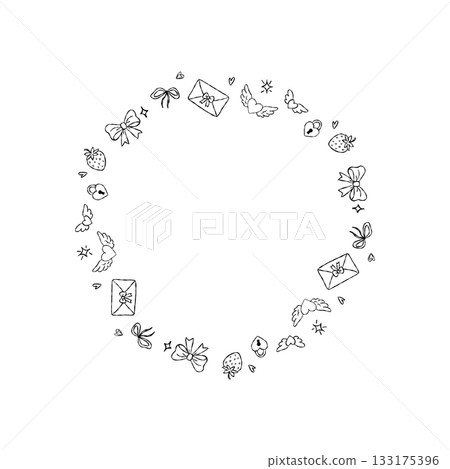 Black and white coquette valentine circle frame with bows, keys, wings and love letters 133175396