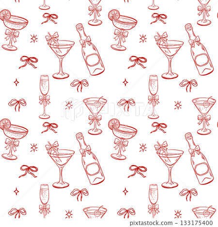 Seamless cocktail pattern with champagne and coquette bows 133175400