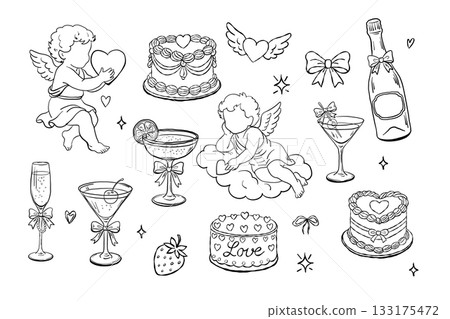 Coquette party clipart set cute black and white vector elements Coquette party clipart set cute black and white vector elements 133175472