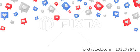 3D heart like icons in red, blue, and white flying on white background. Live stream frame. Perfect for social media, love banner. Falling marketing button. Vector Illustration 133175672