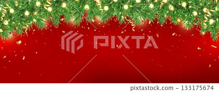 Green fir branches with glitter stars, golden light and confetti frame. Merry Christmas garland border. New Year red card. Winter Holiday background. Xmas evergreen plant banner. Vector illustration 133175674