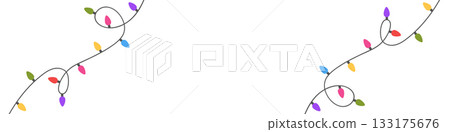 Christmas color light string garland frame. Holiday bright decoration. Celebration party background. Fairy glowing bulb. Led neon lamp banner. New Year luxury string baubles. Vector illustration 133175676