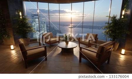 Luxurious lounge with panoramic city and water views at sunset 133176004