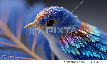 Ornate Blue Bird with Golden Beak and Shimmering Jewel-like Feathers 133176190