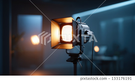 Professional studio spotlight illuminating a dark, blurred background with a warm glow 133176191
