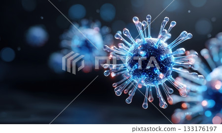 Abstract 3D rendering of a microscopic virus or bacteria showcasing a glowing blue pathogen cell with spiky surface a symbol 133176197