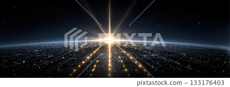 Global digital network with bright light ascending into starry space Global digital network with bright light ascending into starry space 133176403
