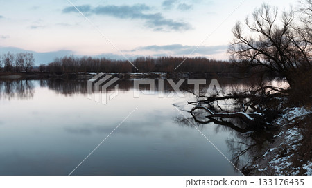 Calm Winter River at Sunset with Bare Trees Reflected in Water 133176435