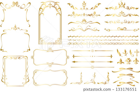 Gold color elegant decorative frame, border and line set 133176551