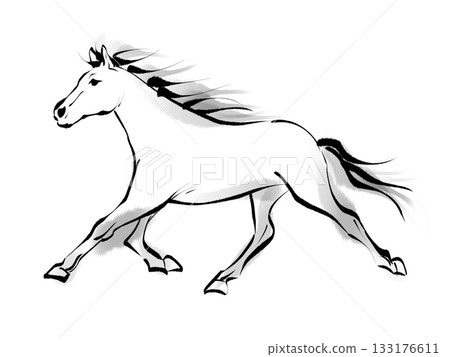 水墨畫風格的奔馬插畫。 2026年馬年新年賀卡。日式設計。 133176611