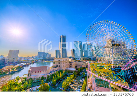 New urban landscape of Yokohama, Japan. View of Sakuragicho Station, the Ferris wheel, and Anniversaire Minatomirai Yokohama (15th) New urban landscape of Yokohama, Japan. View of Sakuragicho Station, the Ferris wheel, and Anniversaire Minatomirai Yokohama (15th) 133176706