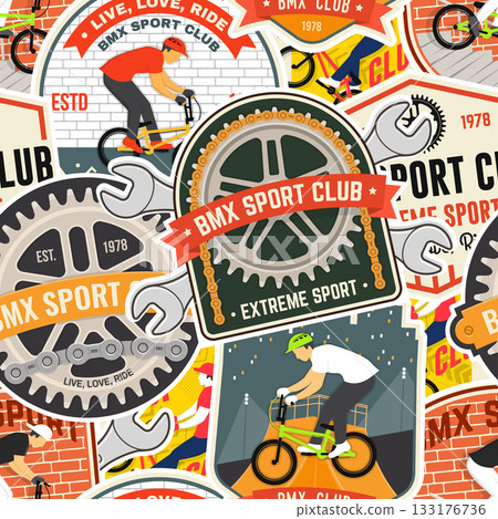 Set of Mountain biking seamless pattern or background with patch, sticker. Vector illustration. Concept for shirt or logo, print, stamp or tee. Wallpaper design with man riding bike and mountain 133176736
