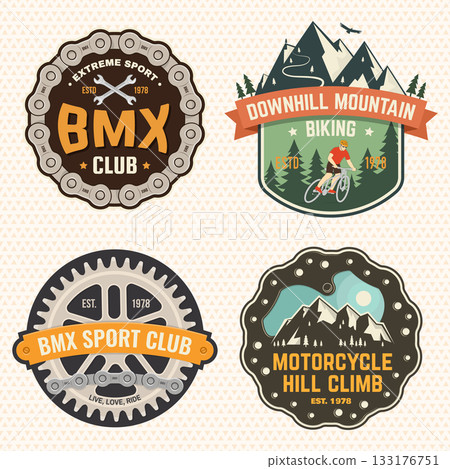Set of motorcycle hill climb and mountain biking patch, sticker. Vector illustration. Concept for shirt or logo, print, stamp or tee. Vintage typography design with man riding bike and mountain 133176751
