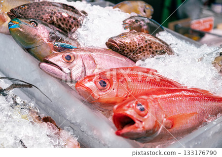 Fresh Okinawan fish lined up at a fish shop in Okinawa 133176790