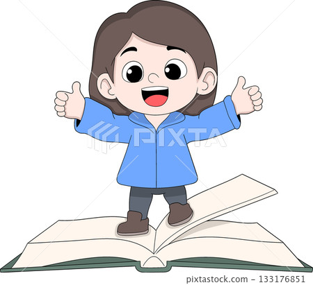 Educational Mascot Girl Standing on Big Book Children Learning Vector Illustration 133176851